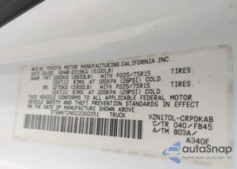 2002 Toyota Tacoma Xtracab из США, поврежденный, VIN 5TEWN72N82Z060351